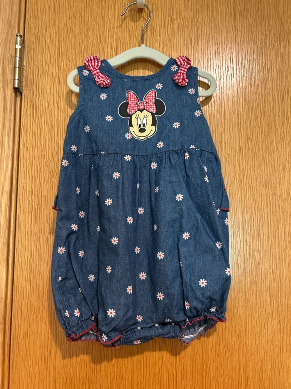 Disney Minnie Mouse Denim Blue Bubble Bodysuit with Red Gingham Bows